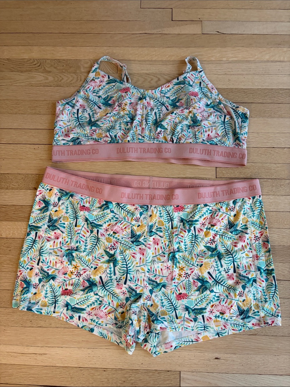 NEW Duluth Trading Co Floral Bralette & Boxer Short Set - Pink Trim